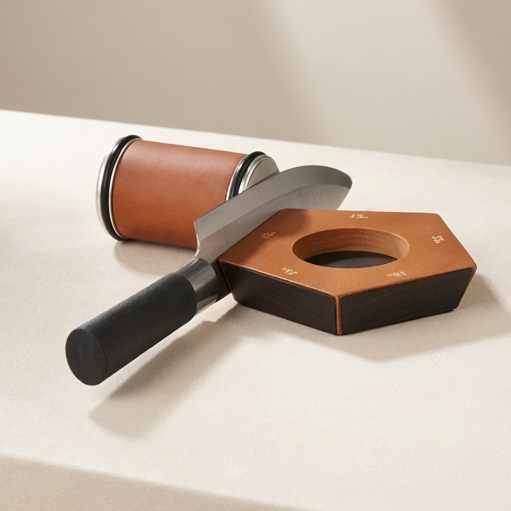 Knife with leather sheath and wooden holder on a light surface