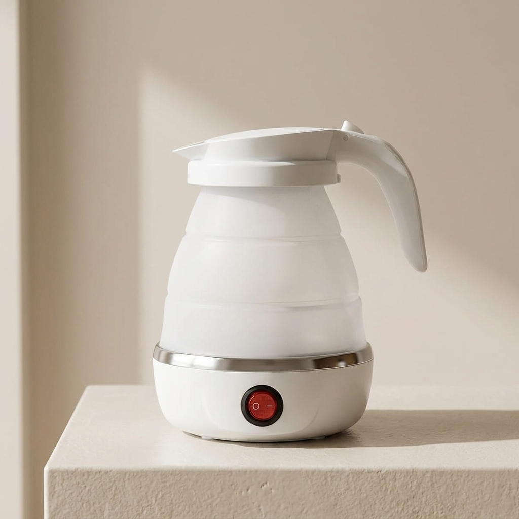 White electric kettle with a red button on a beige surface
