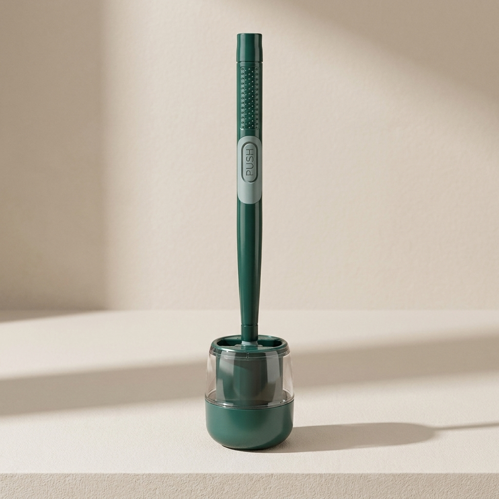 Green toilet brush with holder on a beige background