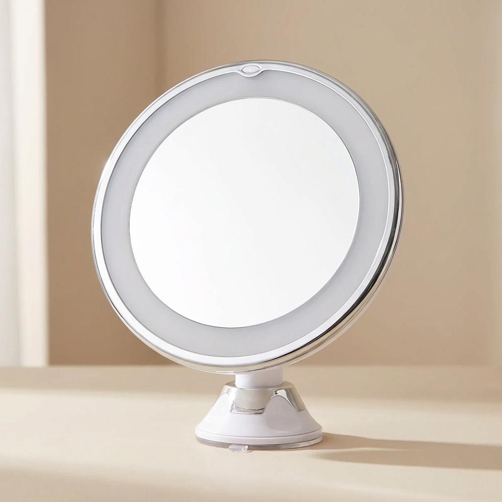 Round makeup mirror with LED light on a beige background