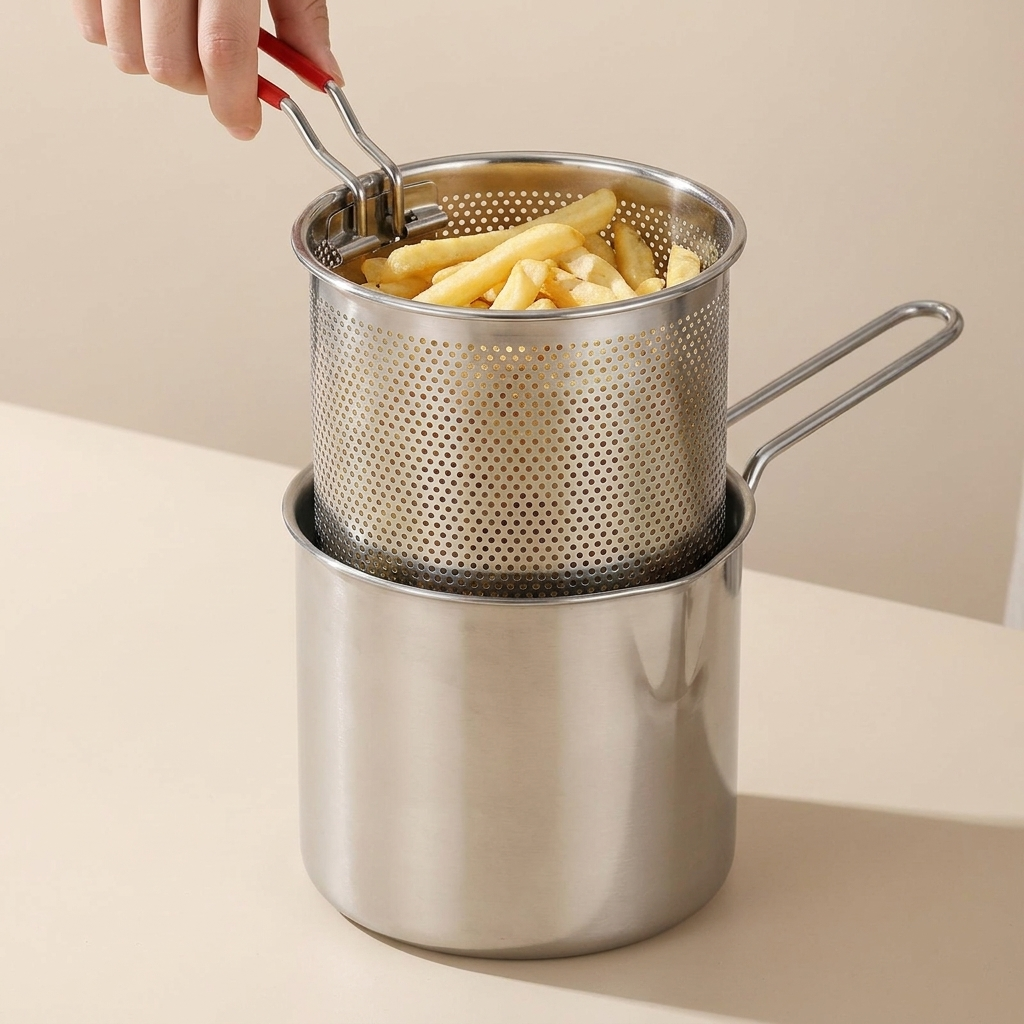 Metallic deep fryer basket with French fries on a beige background