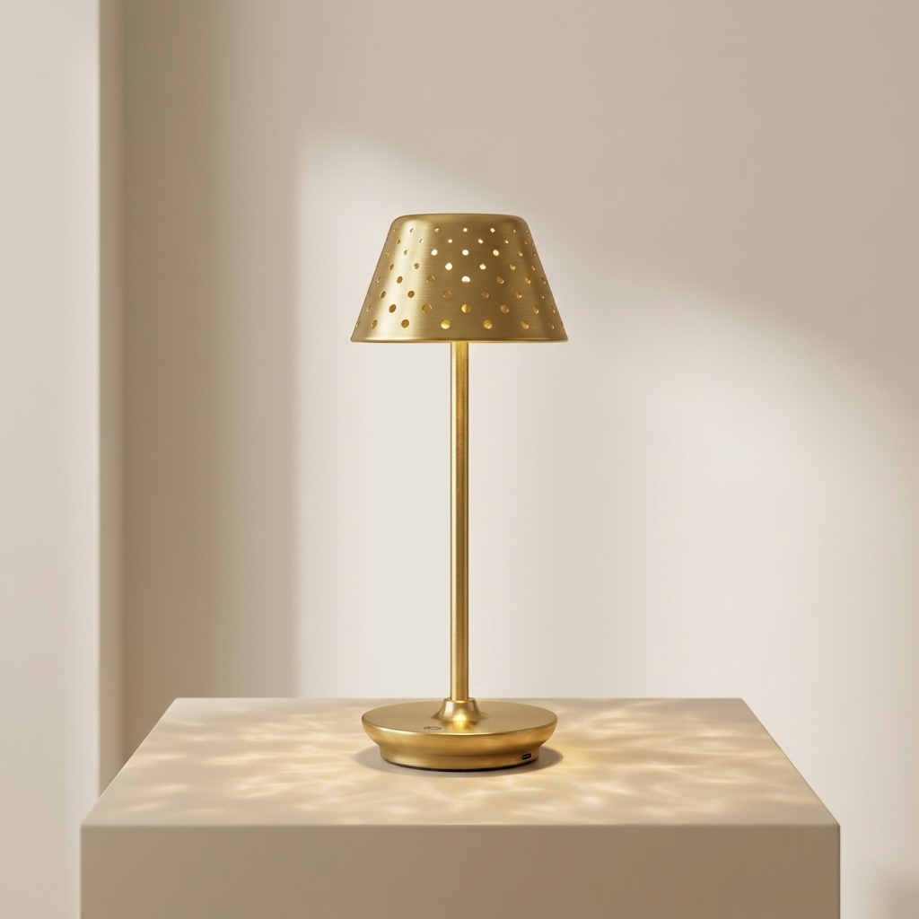 Gold table lamp on a beige pedestal with a neutral background