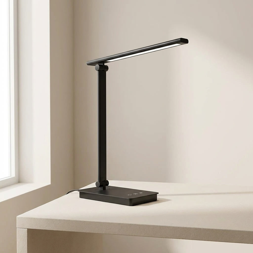 Black desk lamp on a white surface with a neutral background