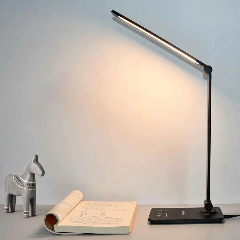 Desk lamp on a surface with a book and decorative object against a light gray background