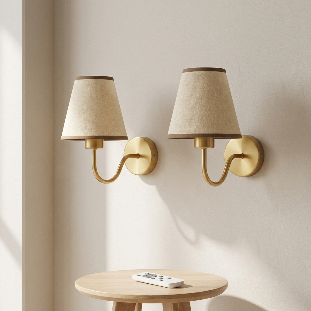 Two gold wall sconces with beige lampshades on a neutral wall.