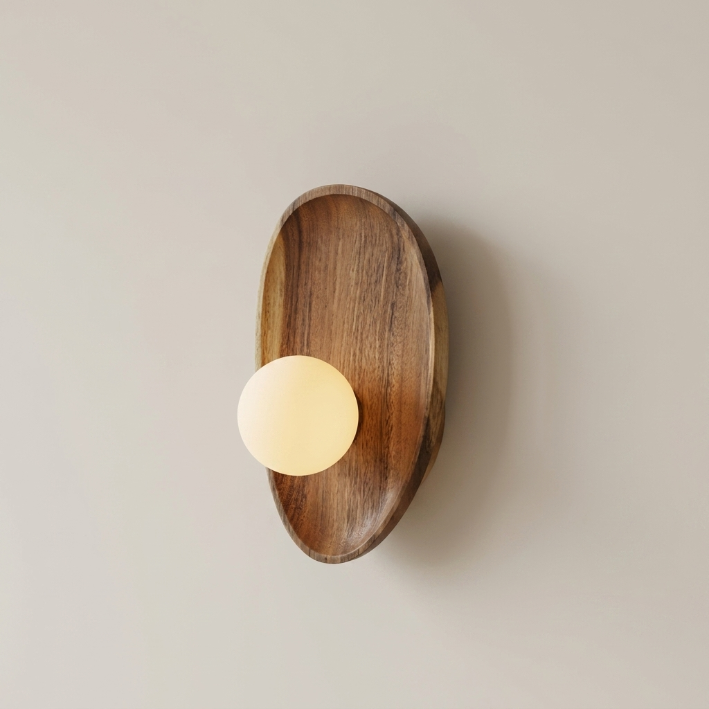 Wooden wall sconce with a round light bulb on a beige background
