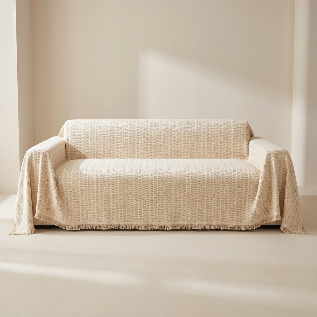 Beige sofa with a textured cover in a minimalistic room.