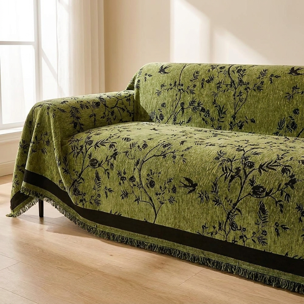 Green floral-patterned sofa cover draped over a sofa in a room with a window.