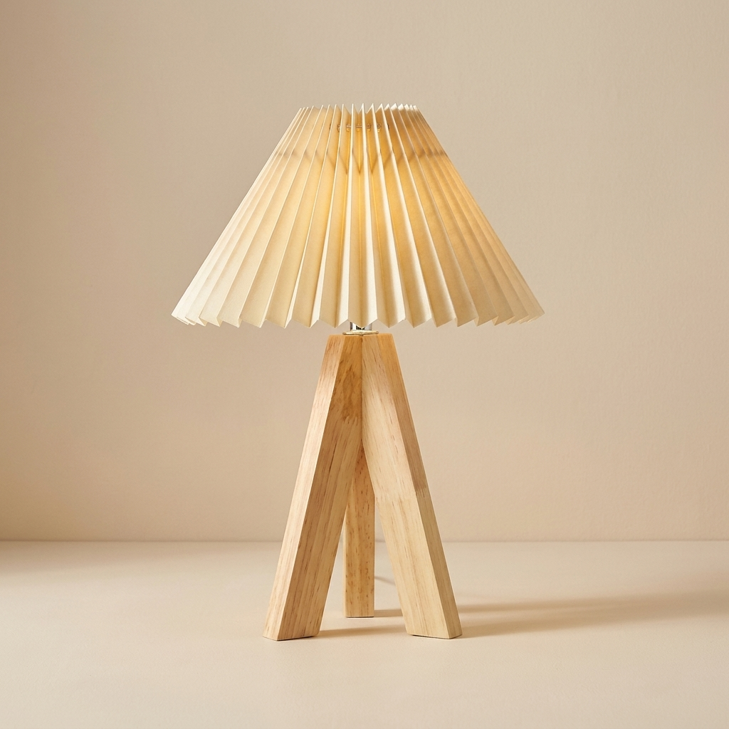 Wooden table lamp with pleated beige shade on a beige background