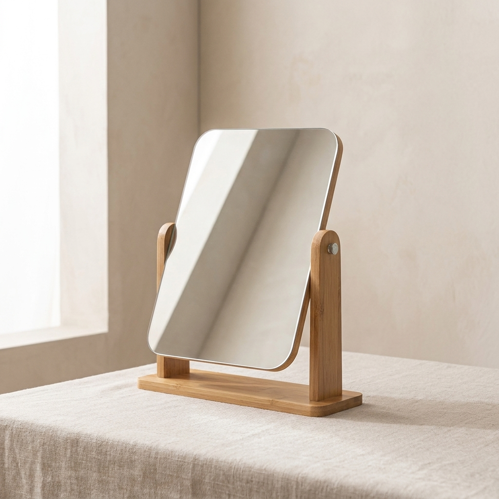 Stand-up mirror with wooden frame on a neutral background