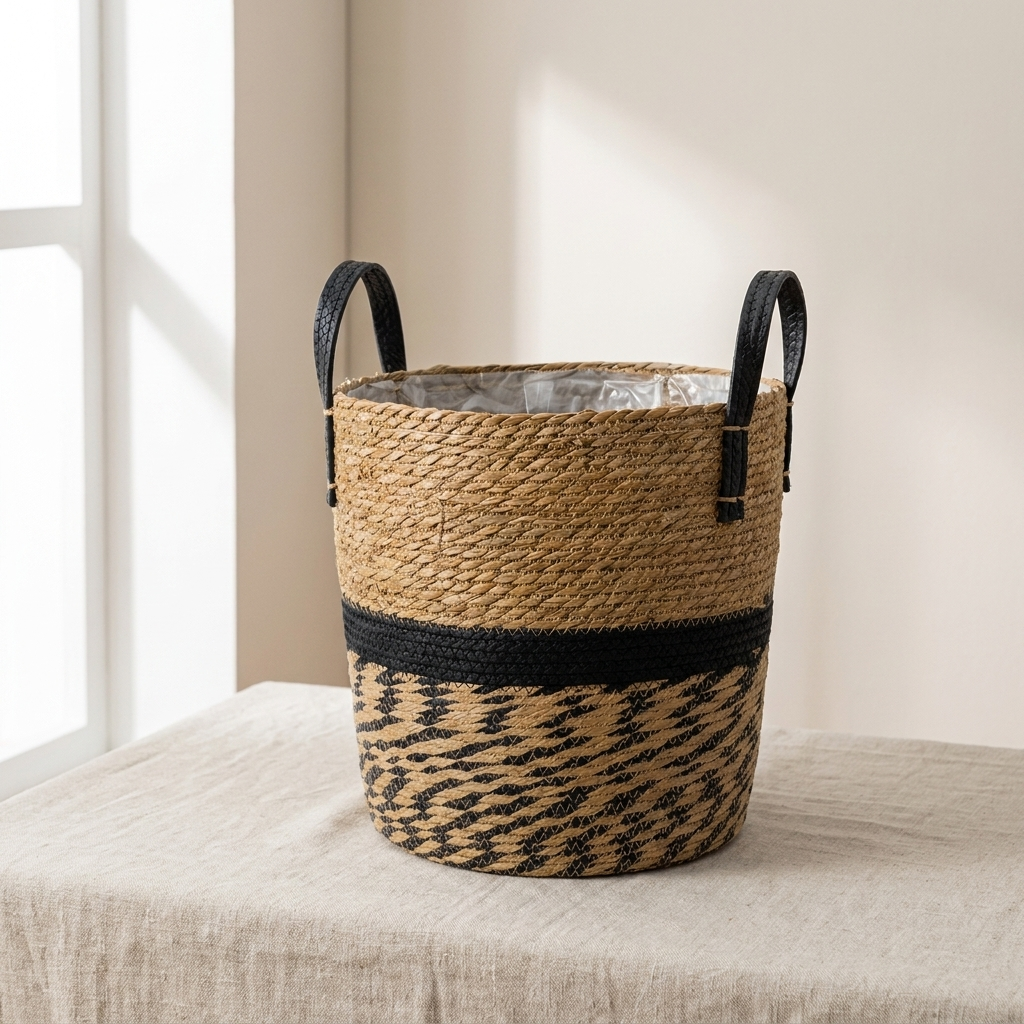 Woven basket with black accents on a light surface
