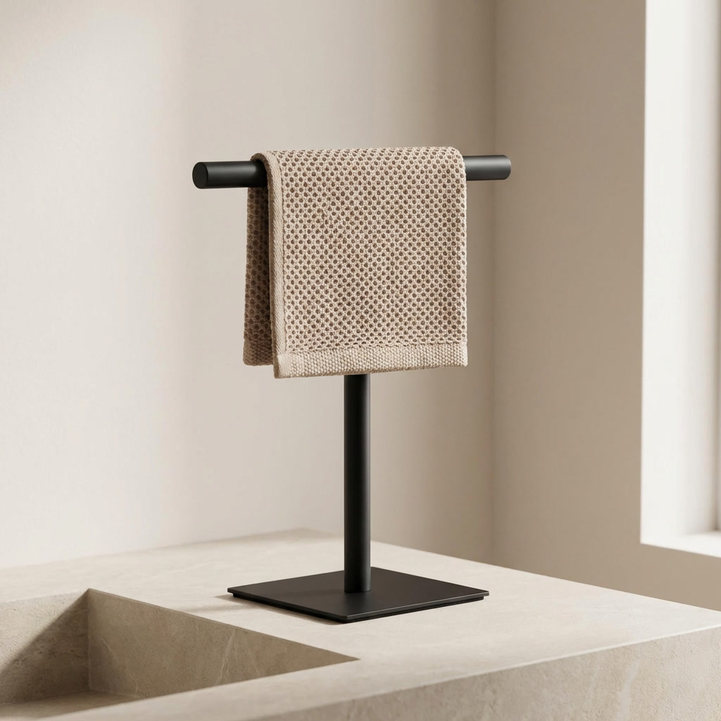 Black towel stand with a beige towel on a neutral background