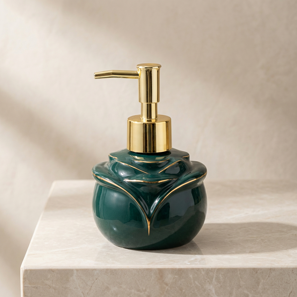 Green ceramic soap dispenser with gold pump on a marble surface