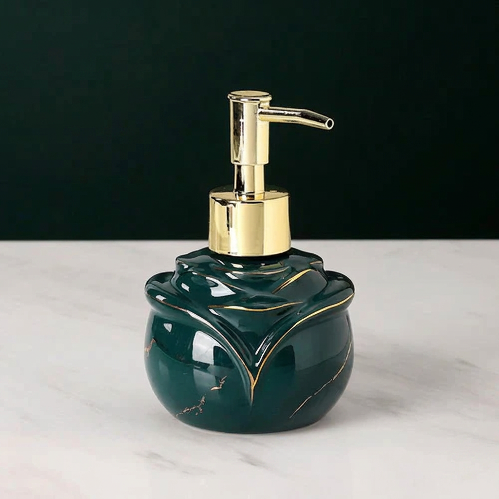 Green soap dispenser with gold accents on a white surface