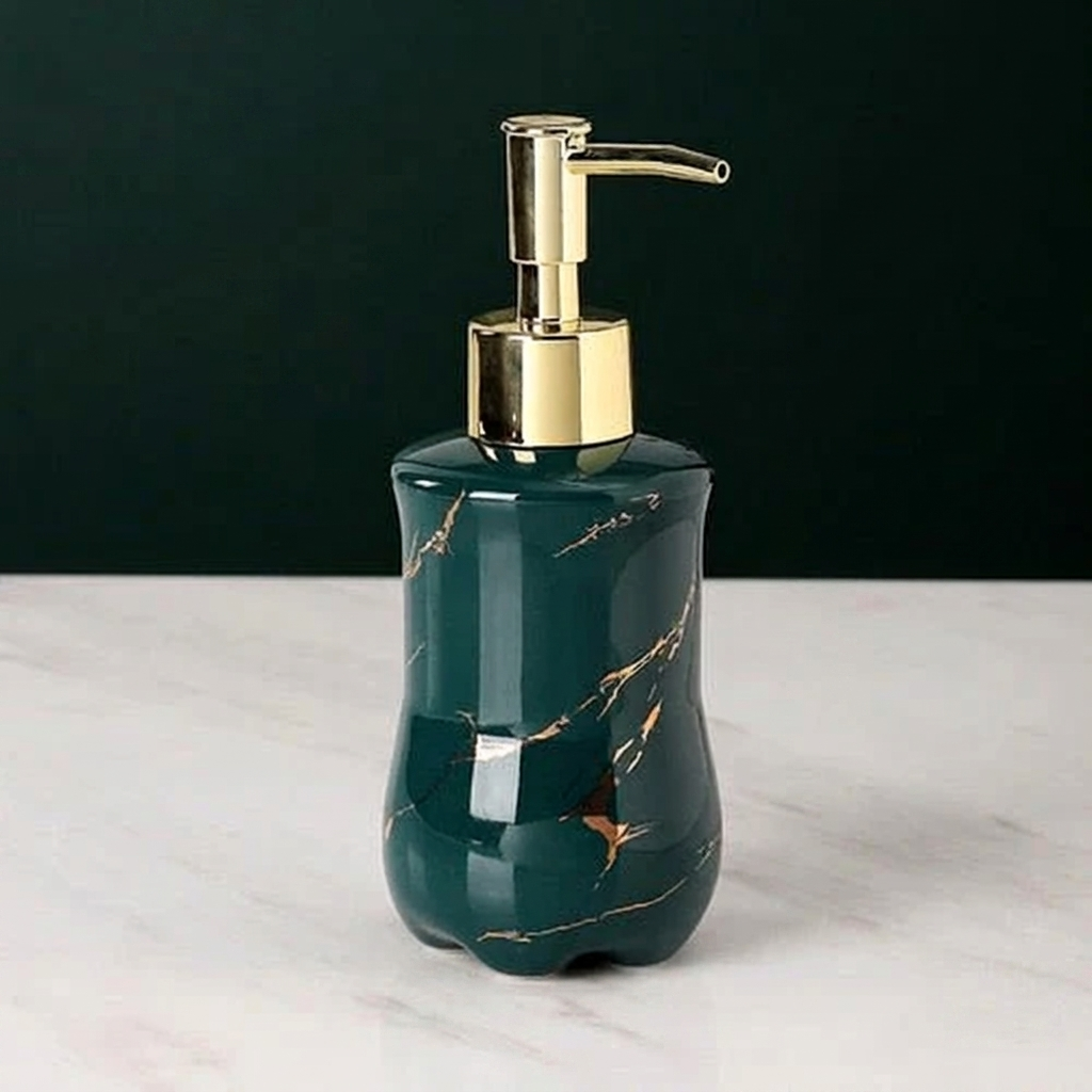 Green marble-patterned soap dispenser with gold accents on a white surface.
