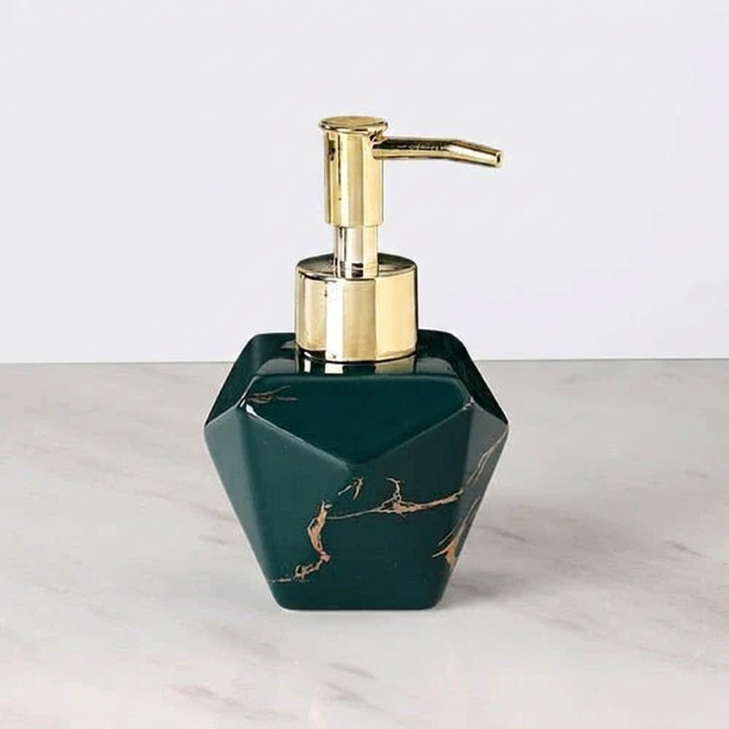 Green soap dispenser with gold pump on a light gray background