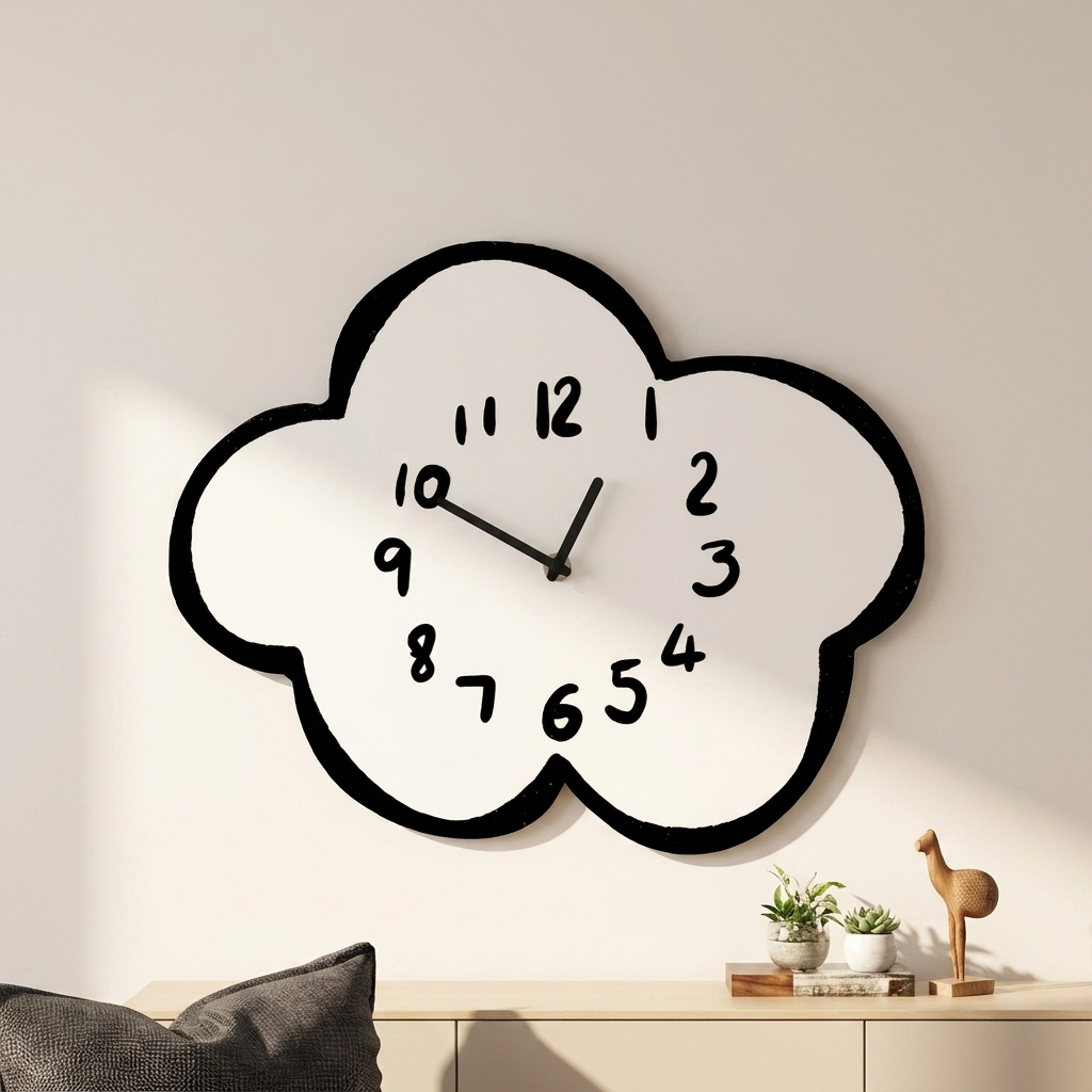 Cloud-shaped wall clock on a wall with decorative items below.