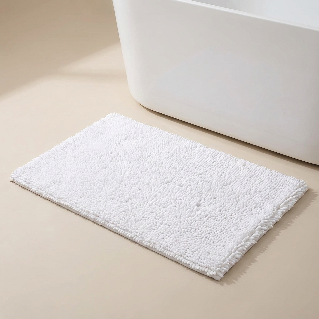White bath mat on a beige bathroom floor next to a white bathtub.