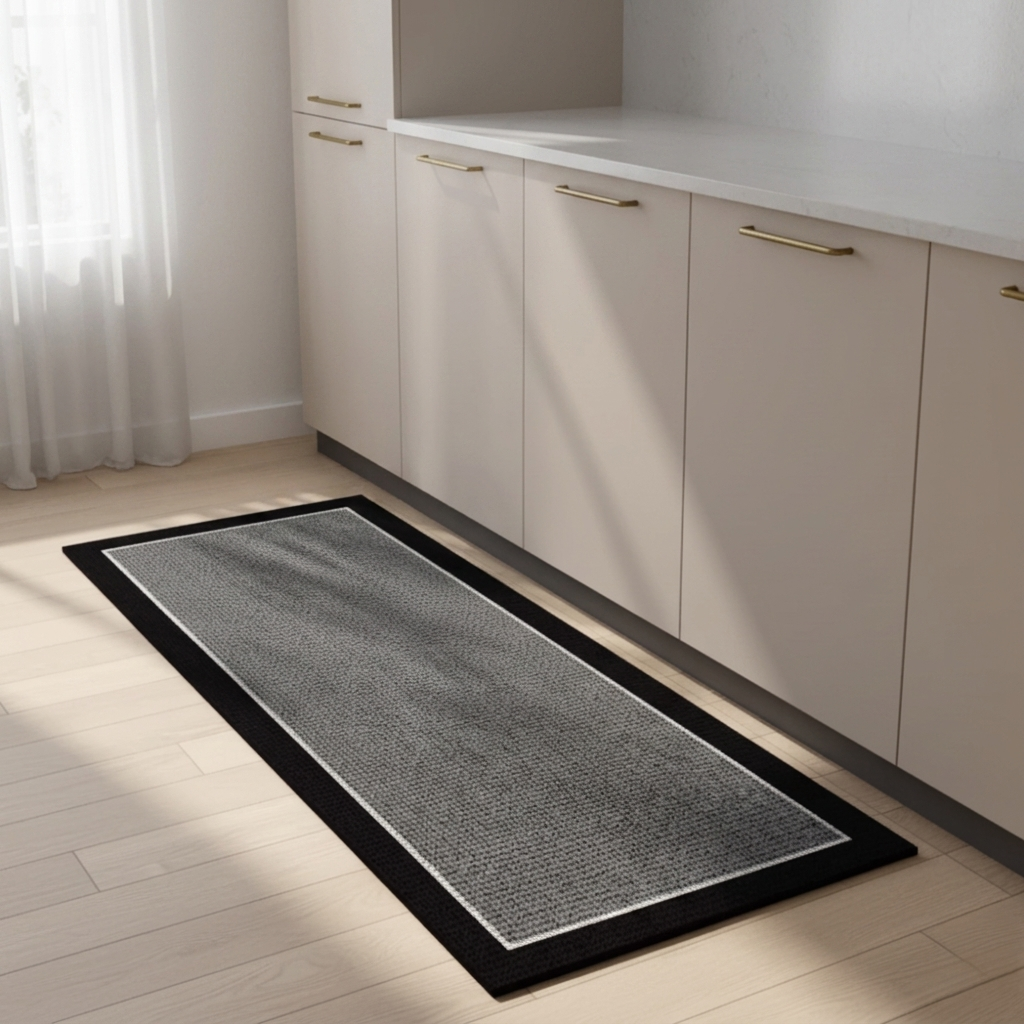 Long rectangular rug with black border on a wooden floor in a kitchen setting.