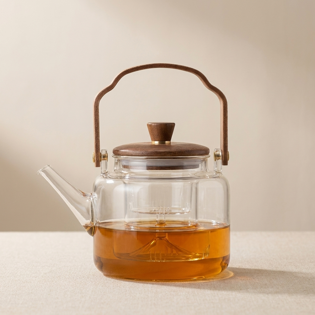 Clear glass teapot with wooden handle and lid on a beige background