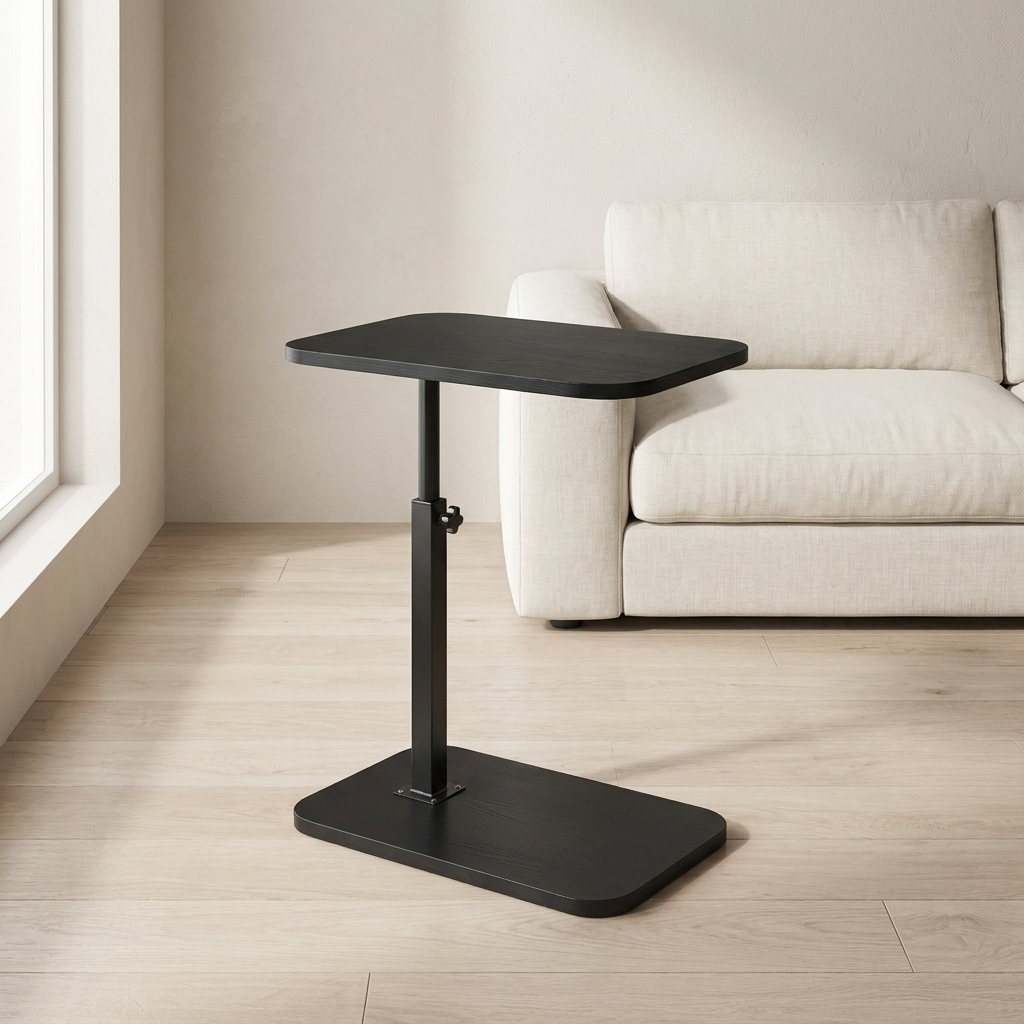 Black adjustable side table in a living room setting with a beige sofa and light wood flooring.