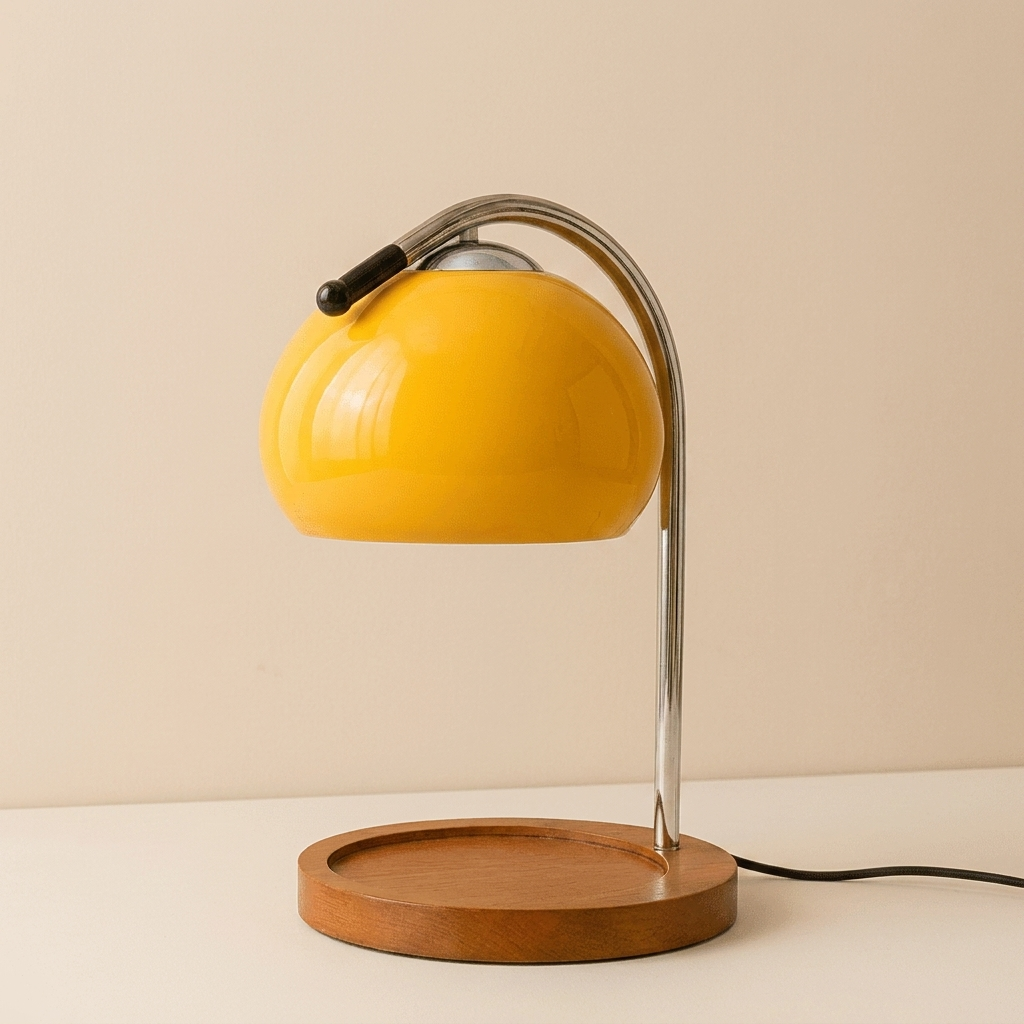 Yellow table lamp with wooden base on a beige background