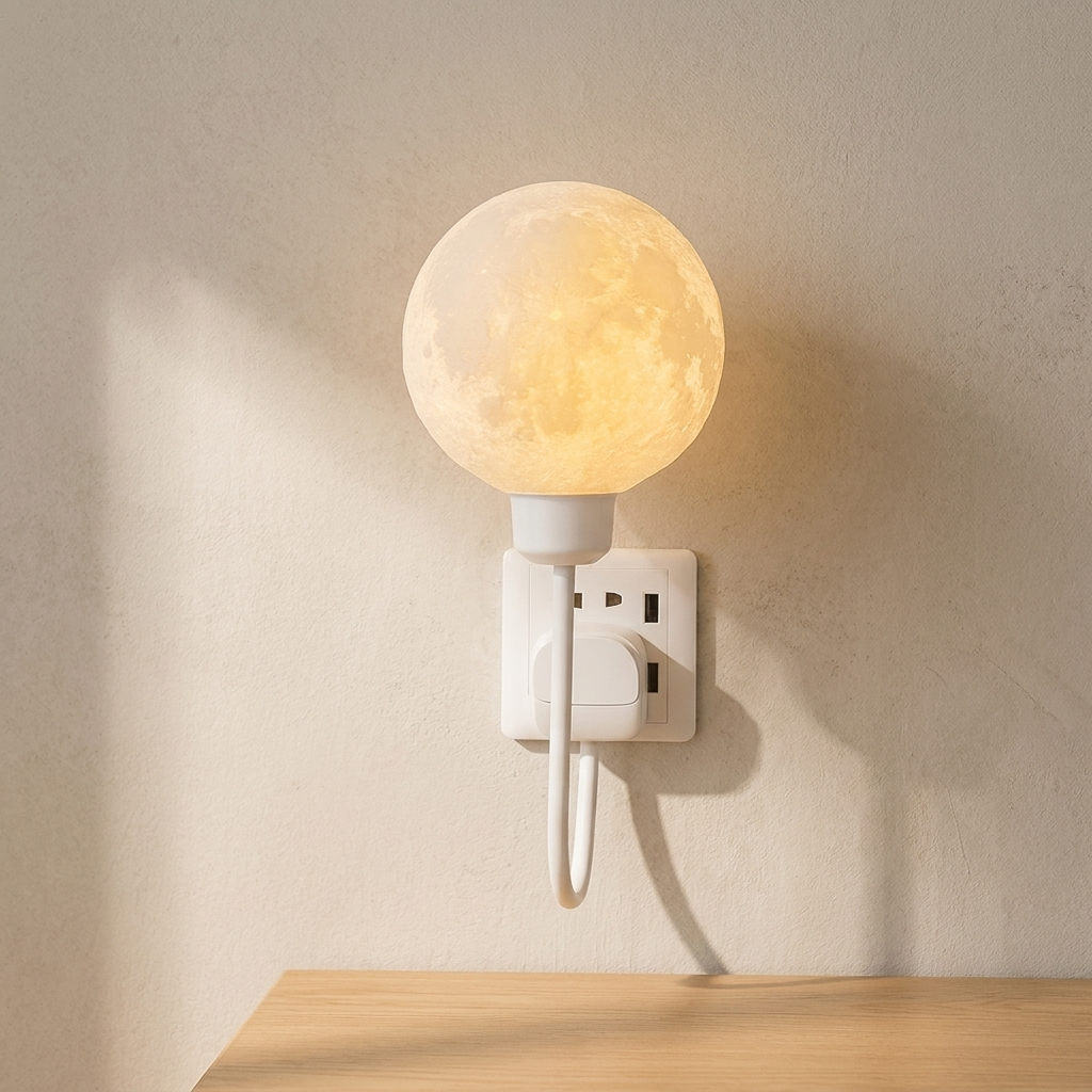 Wall-mounted night light with a round, textured lampshade on a neutral wall.