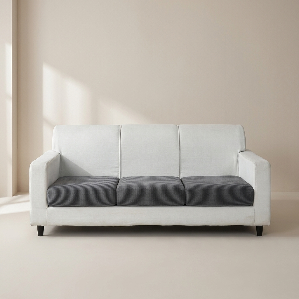 White sofa with gray cushions in a minimalistic room.
