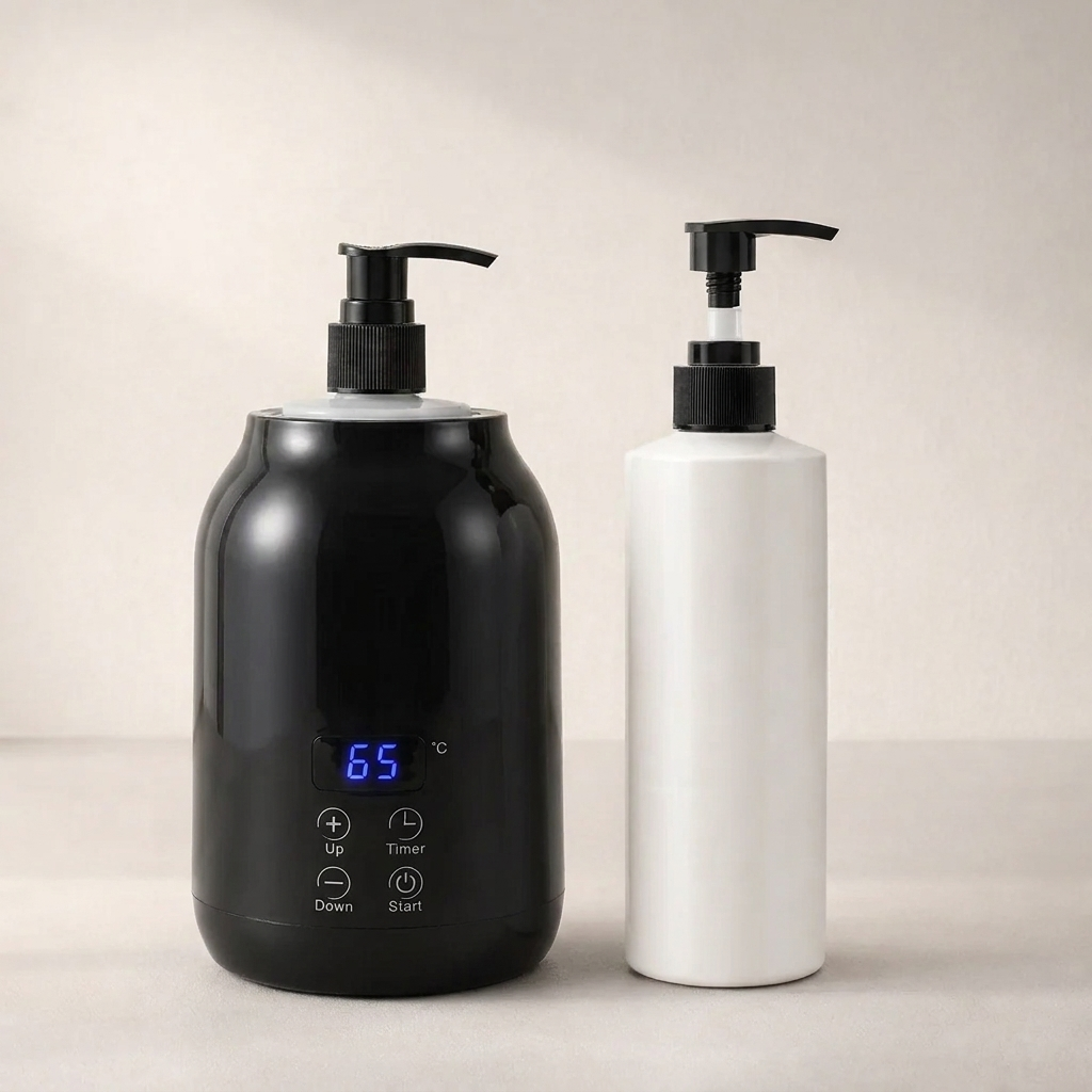 Black and white bottles with digital displays on a neutral background