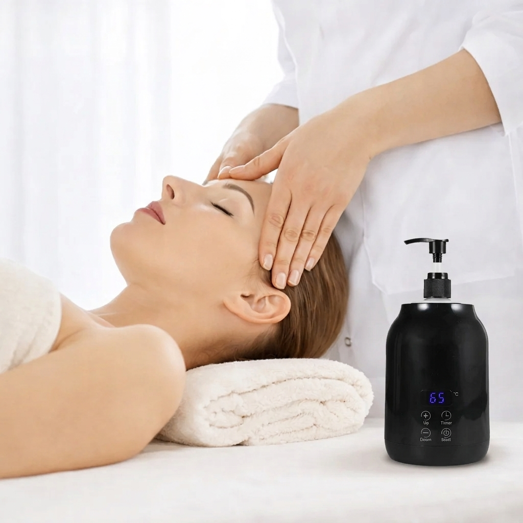 Person receiving a facial massage with a black electronic device on a white background