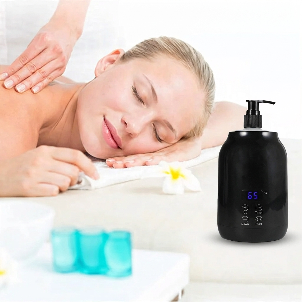 Woman receiving a massage with a black electronic device displaying temperature on a white background