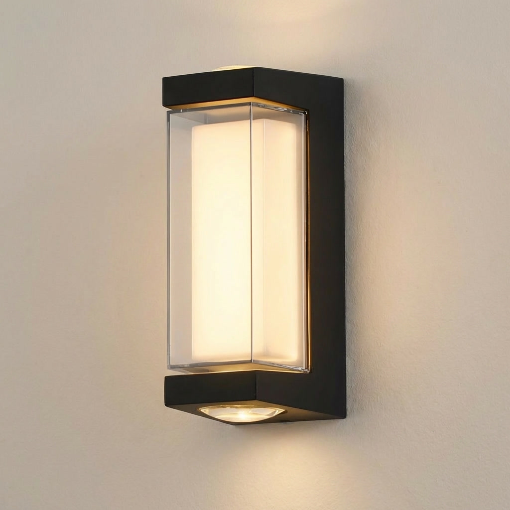 Modern wall-mounted outdoor light fixture on a neutral background
