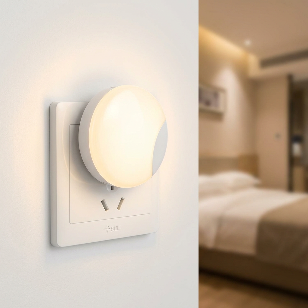 Wall-mounted night light switch with a bedroom in the background