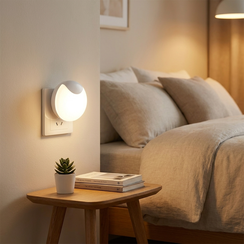 Bedroom setting with a wall lamp, side table, and bed.