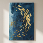 Artistic depiction of gold fish on a blue abstract background