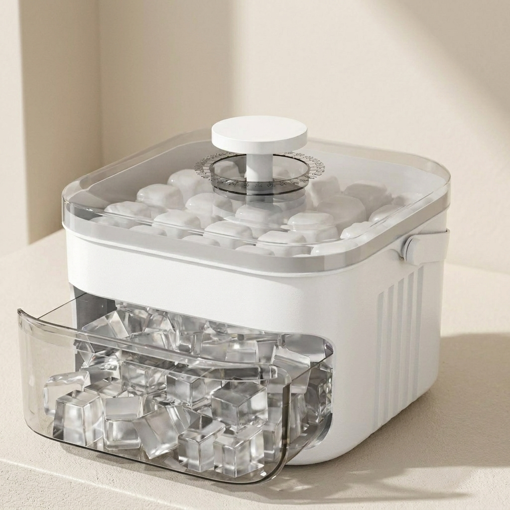 Ice cube maker with ice cubes on a neutral background