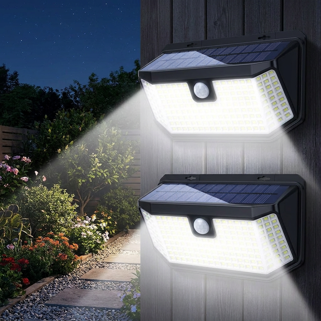 Solar-powered outdoor lights illuminating a garden pathway at night.