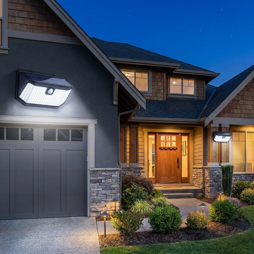 Modern house exterior with solar light fixture on the garage door and another on the wall.