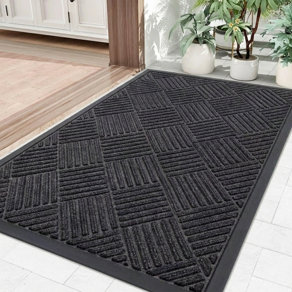 Textured black mat on a white floor with a wooden floor and plants in the background