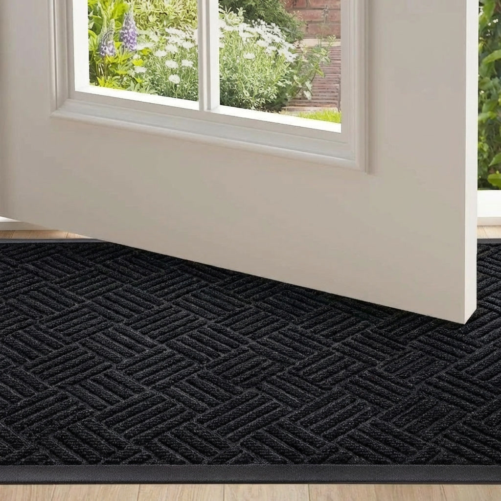 Black doormat with geometric pattern in front of a glass door with a garden view.