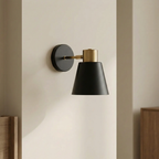 Wall-mounted lamp with black shade and gold fixture on a beige wall.