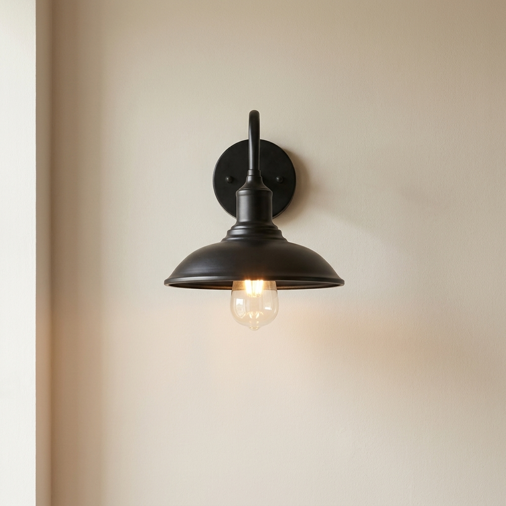 Black wall-mounted light fixture with a lit bulb on a beige wall.
