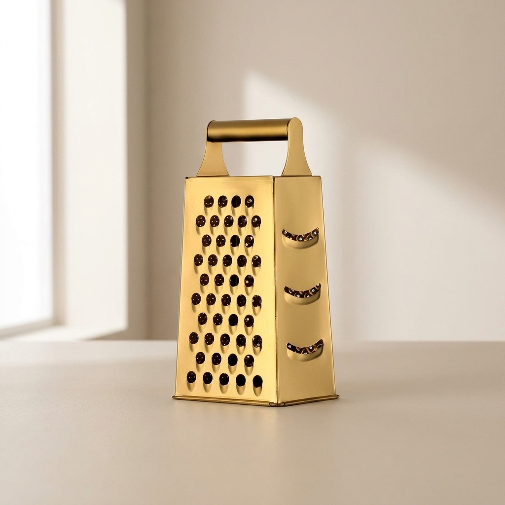 Gold box grater on a light surface with a neutral background