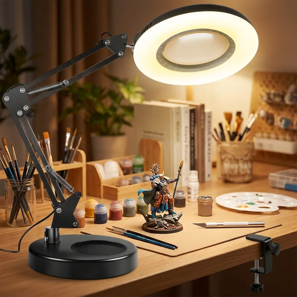 Black adjustable desk lamp with magnifying glass on a wooden table with art supplies.