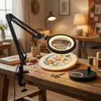 Workbench with embroidery hoop, magnifying lamp, and various crafting supplies in a home setting.