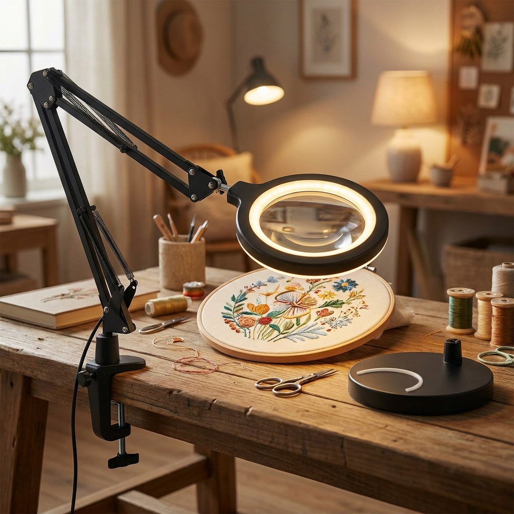 Workbench with embroidery hoop, magnifying lamp, and various crafting supplies in a home setting.