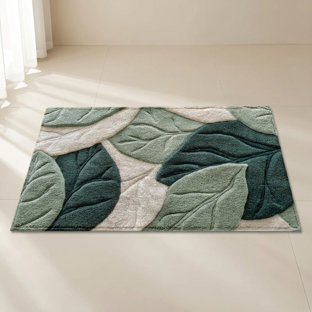 Decorative rug with leaf pattern on a light floor