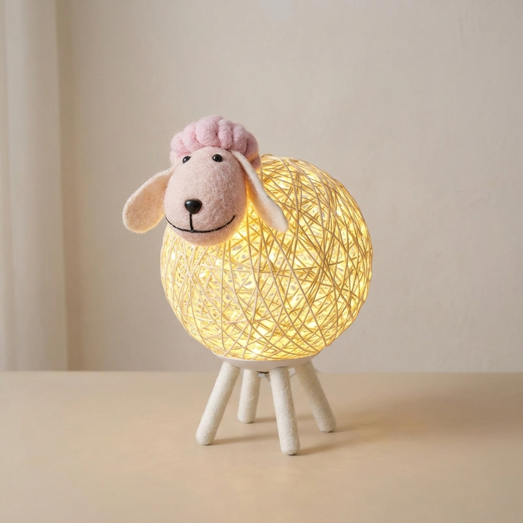 Sheep-shaped lamp with a textured body on a plain background