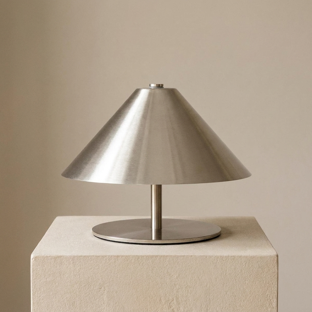 Silver table lamp on a beige pedestal against a beige background