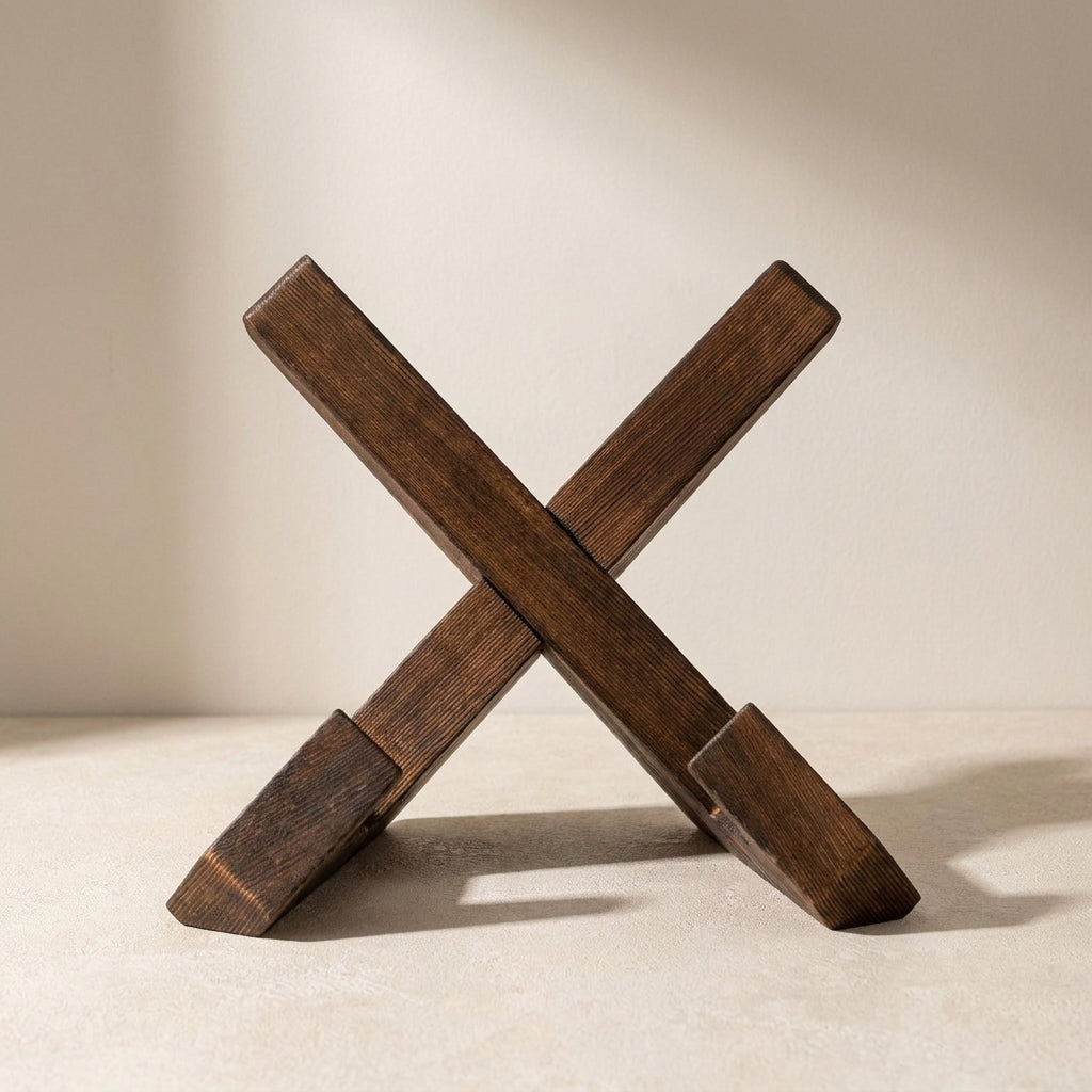 Wooden 'X' block on a beige surface with a neutral background
